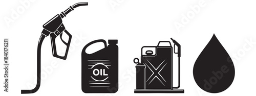 Fuel and Oil Icon Set – Gasoline Can, Barrel, and Drop Vector Design
