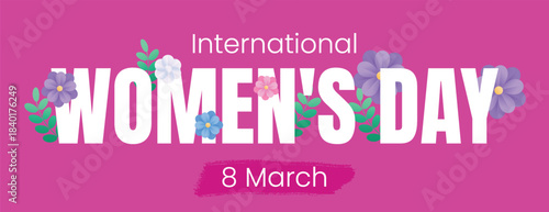 Floral Women’s Day banner design with elegant 8 March vector illustration, modern website header template, womens day social media cover, header design for marketing promotions