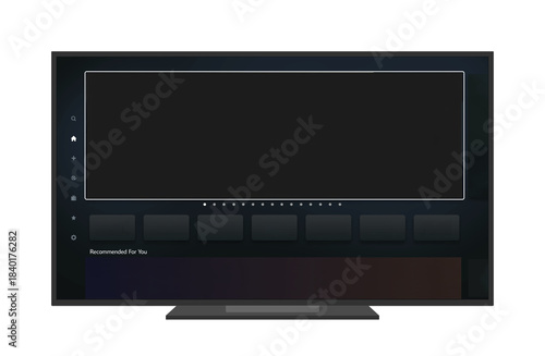 Smart TV app interface mockup. Dark streaming dashboard, sidebar navigation icon and content carousel placeholders, template for OTT platform , living room entertainment UI and TV screen presentation 