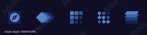 Abstract blue tech icon set. Navigation compass, layered tiles, grid dashboard, connected nodes and stacked panels. App branding, SaaS product logos, data interface buttons and modern UI design