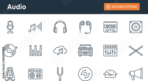 Audio and Music Line Icons for Sound Equipment, Recording, Playback, Streaming, Instruments, Mixing, and Multimedia Design Projects