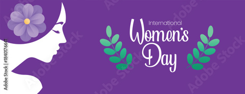 Happy Women’s Day 8 March horizontal banner design featuring floral vector background, modern website header layout, premium social media cover template with womens day female face silhouette design