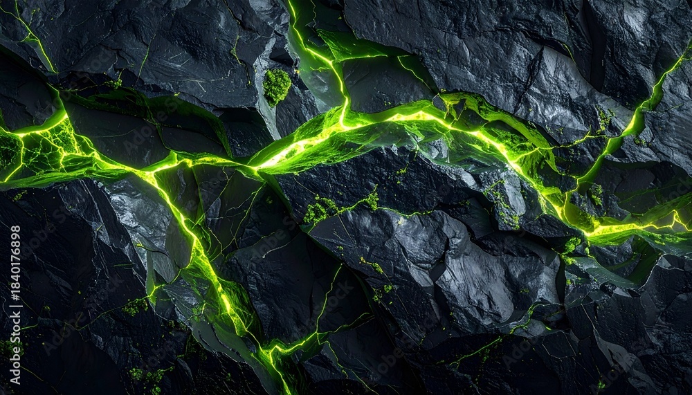 Fototapeta premium Bright green lines contrast with dark stone in an abstract natural scene at night