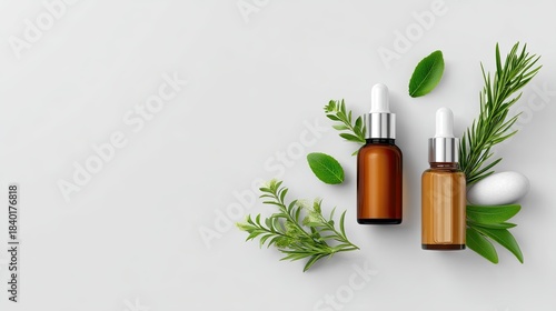 Wallpaper Mural Two Elegant Essential Oil Bottles Surrounded by Fresh Green Herbs and Leaves on a Light Gray Background for Natural Wellness and Aromatherapy Imagery Torontodigital.ca