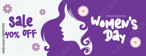 Women’s Day 8 March horizontal sale promotion banner with female face silhouette floral vector background, minimal website header design, Womens day social media cover template for digital marketing