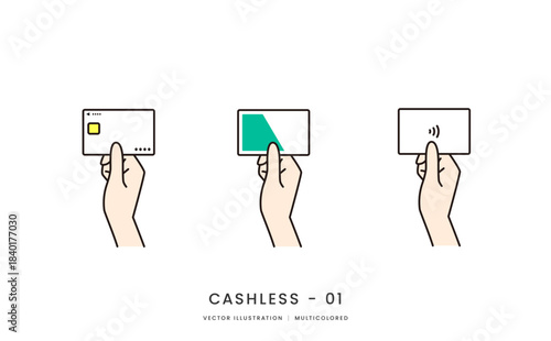 クレジットカードや交通系ICカードを持つ手のイメージイラストセット
