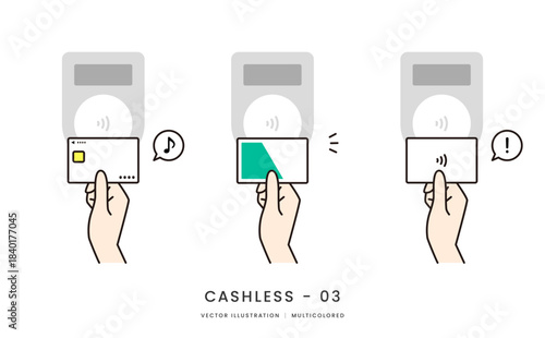 クレジットカードや交通系ICでタッチ決済をするイメージイラストセット
