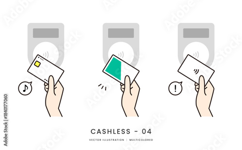 クレジットカードや交通系ICでタッチ決済をするイメージイラストセット