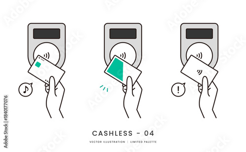 クレジットカードや交通系ICでタッチ決済をするイメージイラストセット