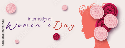 Modern Women’s Day 8 March horizontal website banner design with female face silhouette and floral vector background illustration, 8 march social media cover and header template for digital marketing