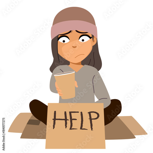 Cartoon vector illustration of a cute poor girl holding a cardboard sign with “help” text, isolated on a transparent background. Clip art for social awareness materials, charity campaigns