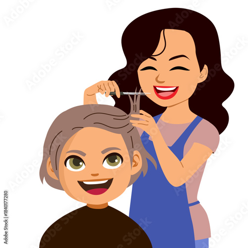 Cartoon vector illustration of a cute hairdresser cutting a boy’s fringe with scissors, isolated on a transparent background. Clip art for salon branding with children’s services