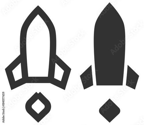 Rocket launch set, clean minimal start and boost symbol collection for tech vector design on transparent background