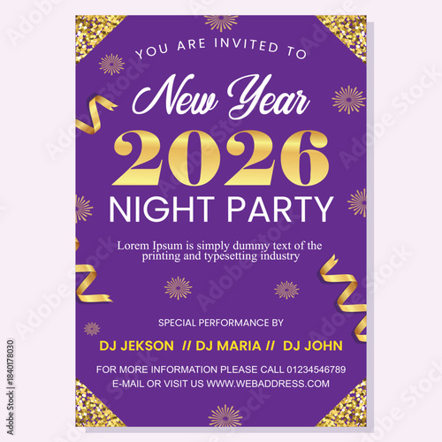 Happy New Year Night Party Invitation Flyer with Golden Accents. Perfect for parties, events, and celebrations Vector Design