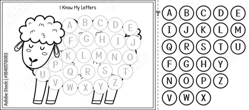 I know my letters matching game in outline with a cute sheep for kids. Learning alphabet cut and paste activity page for toddlers in black and white. Vector illustration