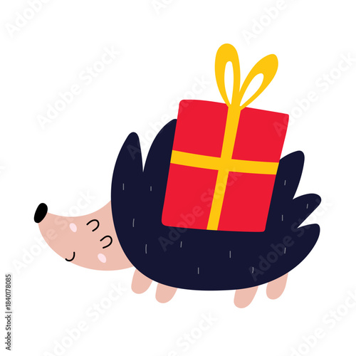 Cute Christmas hedgehog with a gift. Festive woodland character for kids design. Foster animal isolated on white background. Vector illustration