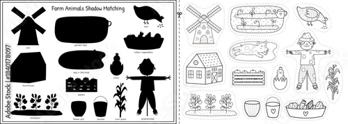 On the farm cut and glue game in outline for kids. Match the elements worksheet. Educational activity page for kids in black and white for school and preschool. Vector illustration