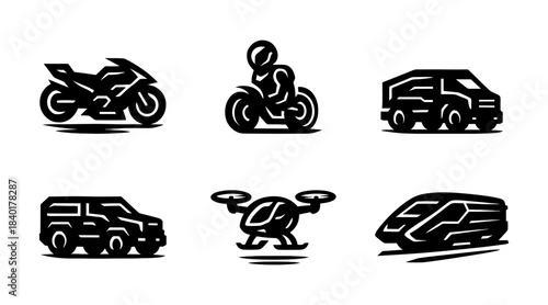 Future mobility silhouette icons set, motorcycle, drone taxi and highspeed train