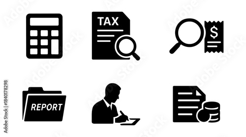 Finance audit silhouette icons set, tax review, receipt check and report filing