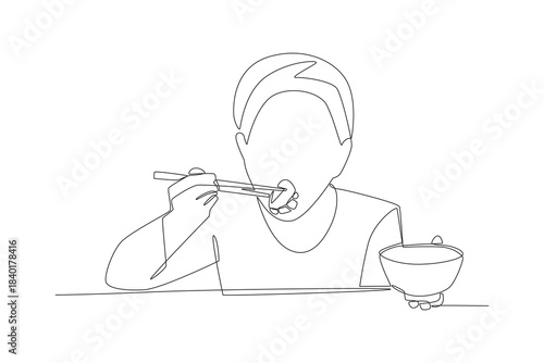 Boy eating dumplings. Eating dumplings concept one-line drawing
