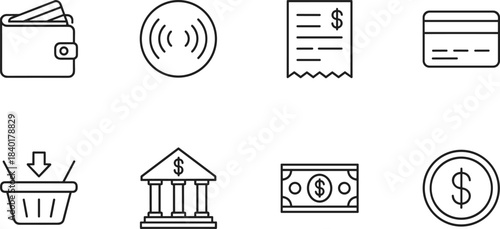 Financial Transactions, Banking, and Money Line Icon Set: Wallet, Credit Card, Dollar Bill, Bank Building, Receipt, Shopping Basket, and Coin Vector Graphics