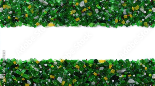 Colorful fragments of glass and plastic in green tones, arranged in a vibrant and textured pattern with a stark white background for creative design use