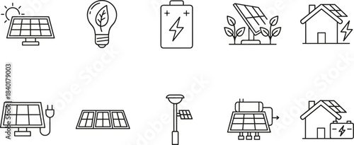 Solar Energy, Photovoltaic Panel, and Renewable Power Line Icon Set: Green Electricity, Battery Storage, Eco House, Light Bulb, and Sustainable Technology Vector Graphics