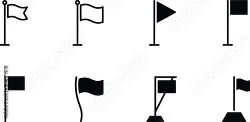 Simple Flag and Marker Silhouette Icon Set: Location Pin, Finish Line, Waving Pennant, Golf Hole, Race Checkpoint, and Map Pointer Vector Illustrations