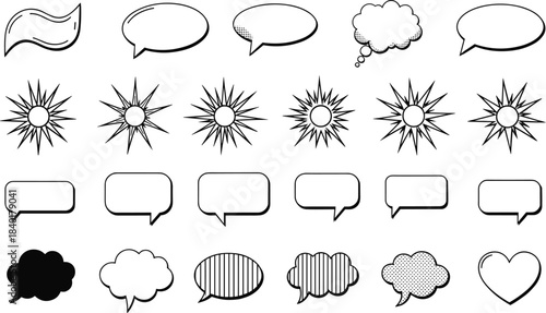 Speech Bubble and Chat Outline Icons, Retro Sunburst, Thought Cloud, Halftone Dot, and Communication Symbol Vector Set.