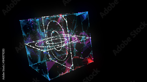 Abstract big data 3D digital cube algorithmic with holes grid inside. Quantum computing concept on dark background. Blockchain grid box сoncept. Artificial intelligence design