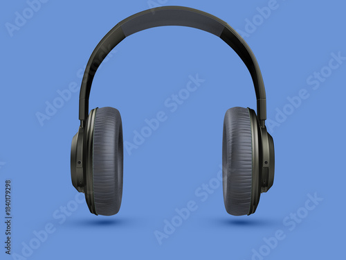 Black wireless headphones isolated on blue background. 3D render wireless headphones.