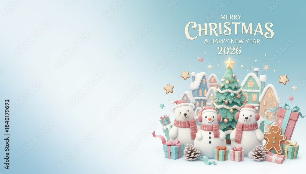 Obraz premium Festive christmas celebration with snowy bears colorful gifts and a cheerful tree in a winter wonderland atmosphere for holiday cheer and new year wishes