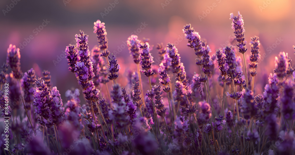 Fototapeta premium Lavender field sunset soft glow serene purple bloom floral nature Calm lavender field sunset