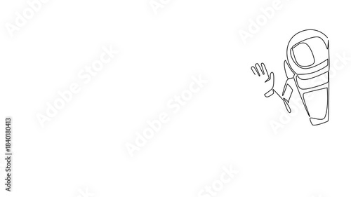 Self drawing animation of single line drawing of an astronaut waving while floating in the space, symbolizing unity beyond Earth. This Say Hi Day design uses a communication. Full length animated