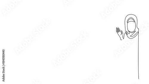 Animated self drawing of single line draw of a Muslim woman in hijab waving gracefully from behind the wall. This piece promotes Say Hi Day with a business concept. Full length single line animation