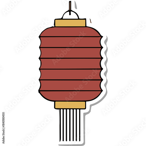 Red Japanese Lantern With Yellow Top And Tassels Isolated On Black Background Decorative Element For Celebrations And Festivals