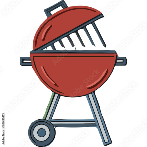 Red Kettle Barbecue Grill With Open Lid And Cooking Grates On Black Background Simple Icon Style