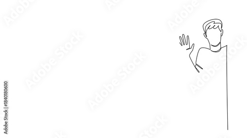 Animation of single line draw of a young man on casual wear waving with an open hand, greet from behind wall. Supports Say Hi Day as a business concept for global communication. Full length motion
