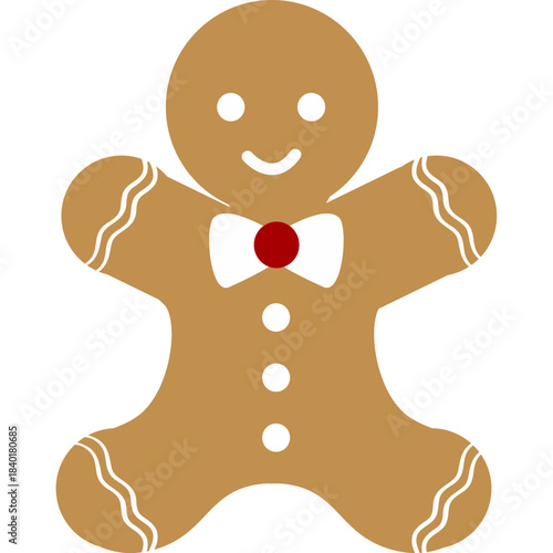 Cute gingerbread man cookie with white icing and red bow tie. Ideal for Christmas designs, greeting cards, stickers, and festive decorations.