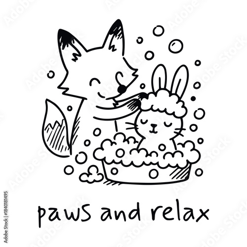 Black-and-white illustration of fox bathing rabbit in bubble-filled tub with “paws and relax” message, vector