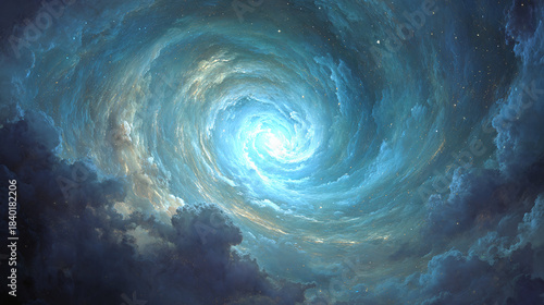 A celestial spiral nebula glows with radiant luminosity, showcasing a swirling cosmic phenomenon 