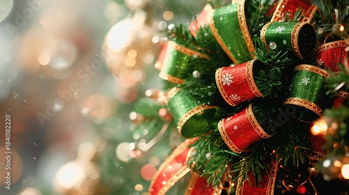 Christmas Tree Bow Ornament with Festive Green and Red Ribbon