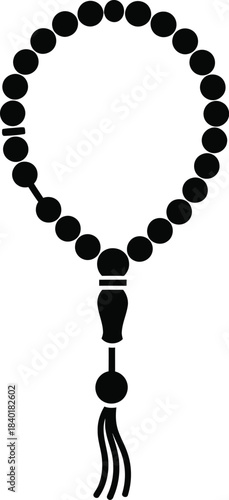 Black and white illustration of islamic prayer beads on a white background