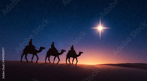 The first star. Christmas star over Bethlehem. The three magi go in search of Christ in the desert under the star.