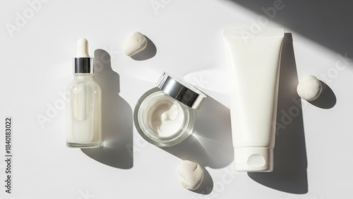 Skincare essentials. Beauty and self care concept: A minimalist composition of skincare products, creating a harmonious and aesthetically pleasing scene. Enhancing beauty and fostering wellness.