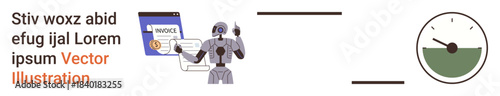 Automation, artificial intelligence, cybersecurity, business solutions, data analysis, workflow optimization. Robot interacting with invoice document and progress gauge. Automation and AI concept
