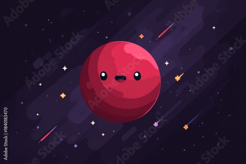 Celestial Wanderer: An adorable cartoon planet, radiating warmth and charm, floats serenely amidst a starlit cosmos. Meteor showers dance around the cheerful orb