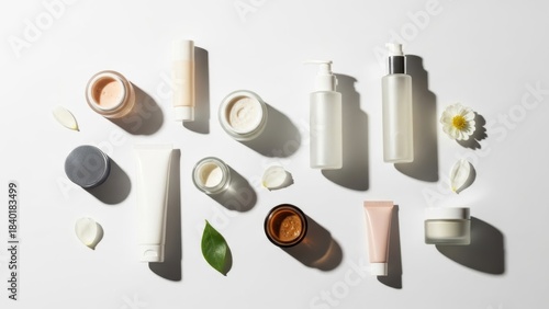 Cosmetics and Skincare Collection: A carefully curated arrangement of skincare products and cosmetics, accompanied by delicate blossoms and lush foliage.
