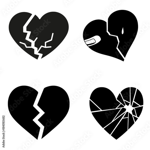 Expressive broken heart icons representing love loss, emotional pain, relationship issues, and heartbreak symbolism.
