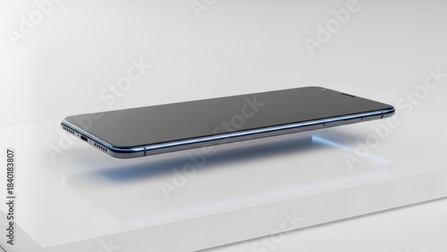 Sleek Smartphone Displaying Technological Innovation: A minimalist view highlights a modern smartphone. Its smooth lines and reflective screen suggesting an emblem of connection and communication.